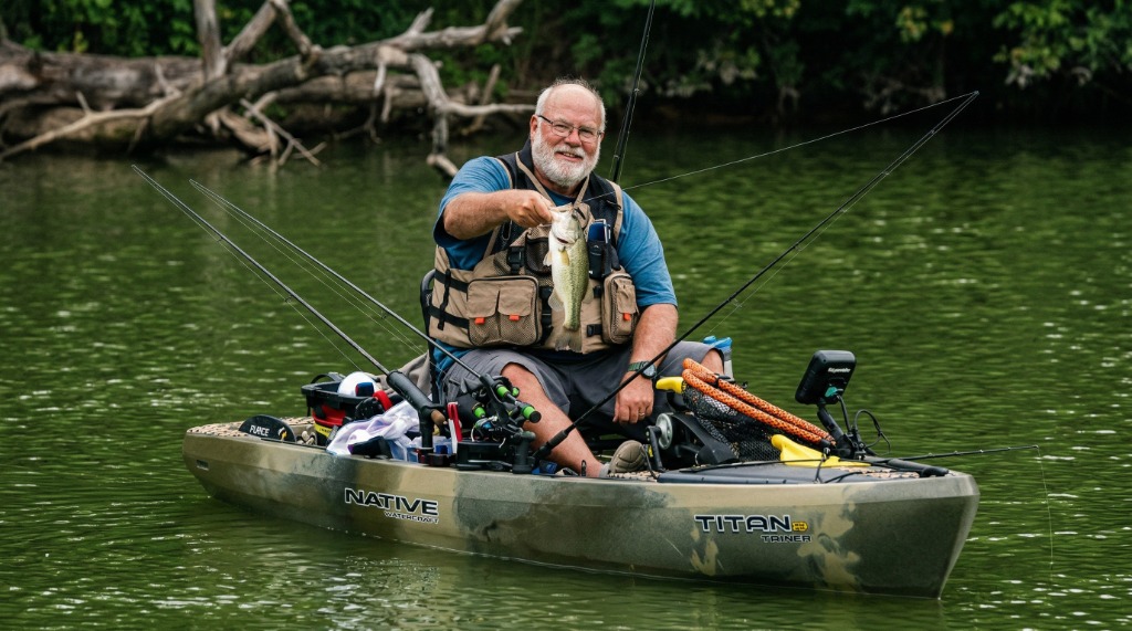 Veteran fishing on Queenslake 40-acre lake in kayak holding freshly caught bass
